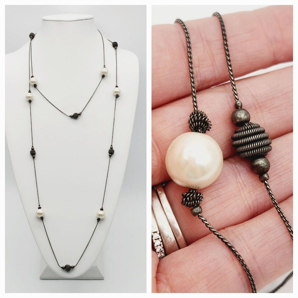 14KGP Vintage Faux Glass Cream Pearl Coiled Antiqued White Gold Bead Necklace